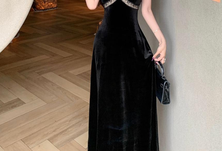Spaghetti Strap V-Neck Velvet Lace Trim Maxi A-Line Dress Product Image