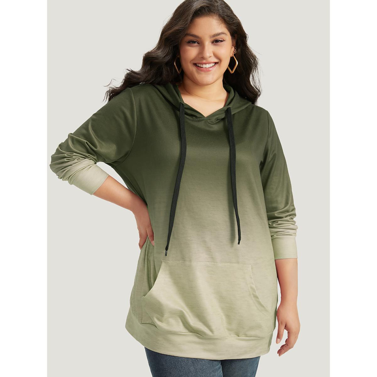 Plus Size Ombre Pocket Drawstring Hooded Sweatshirt Women Sage Casual Elastic cuffs Hooded Everyday Sweatshirts BloomChic 18-20/2X Product Image