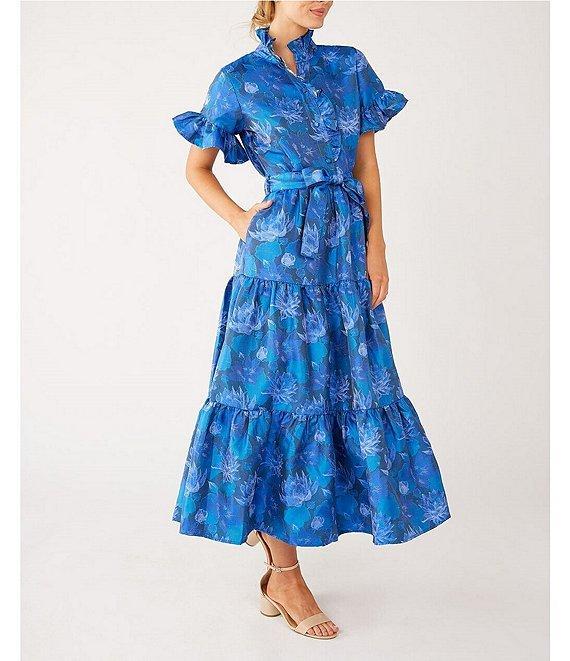 Abbey Glass Floral Print Sadie Ruffle Stand Collar Short Sleeve Tie Waist Tiered Pocketed Midi Dress Product Image