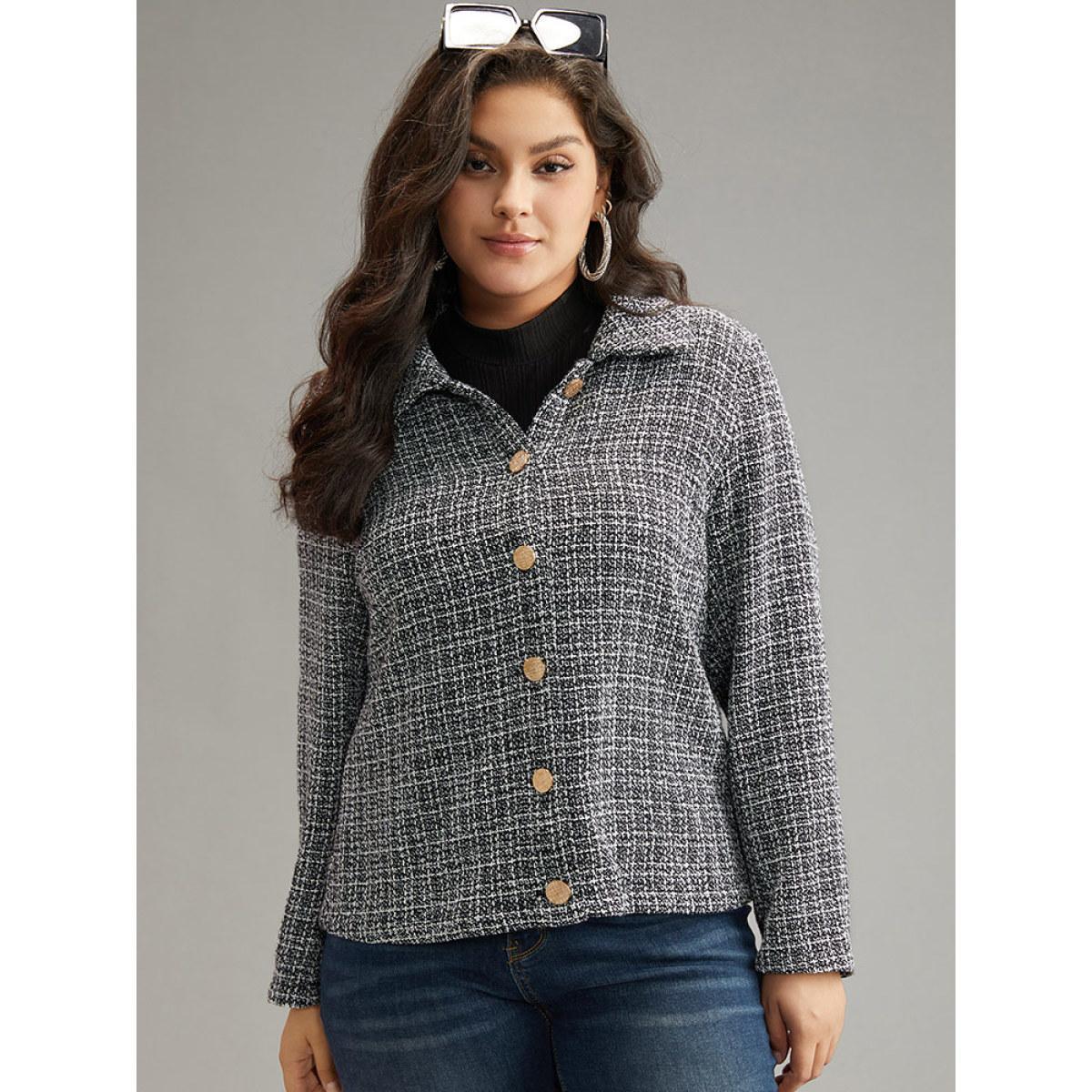Plus Size Gingham Texture Lapel Collar Metal Detail Jacket Women Black Elegant Texture Ladies Everyday Winter Coats BloomChic 26/4X Product Image