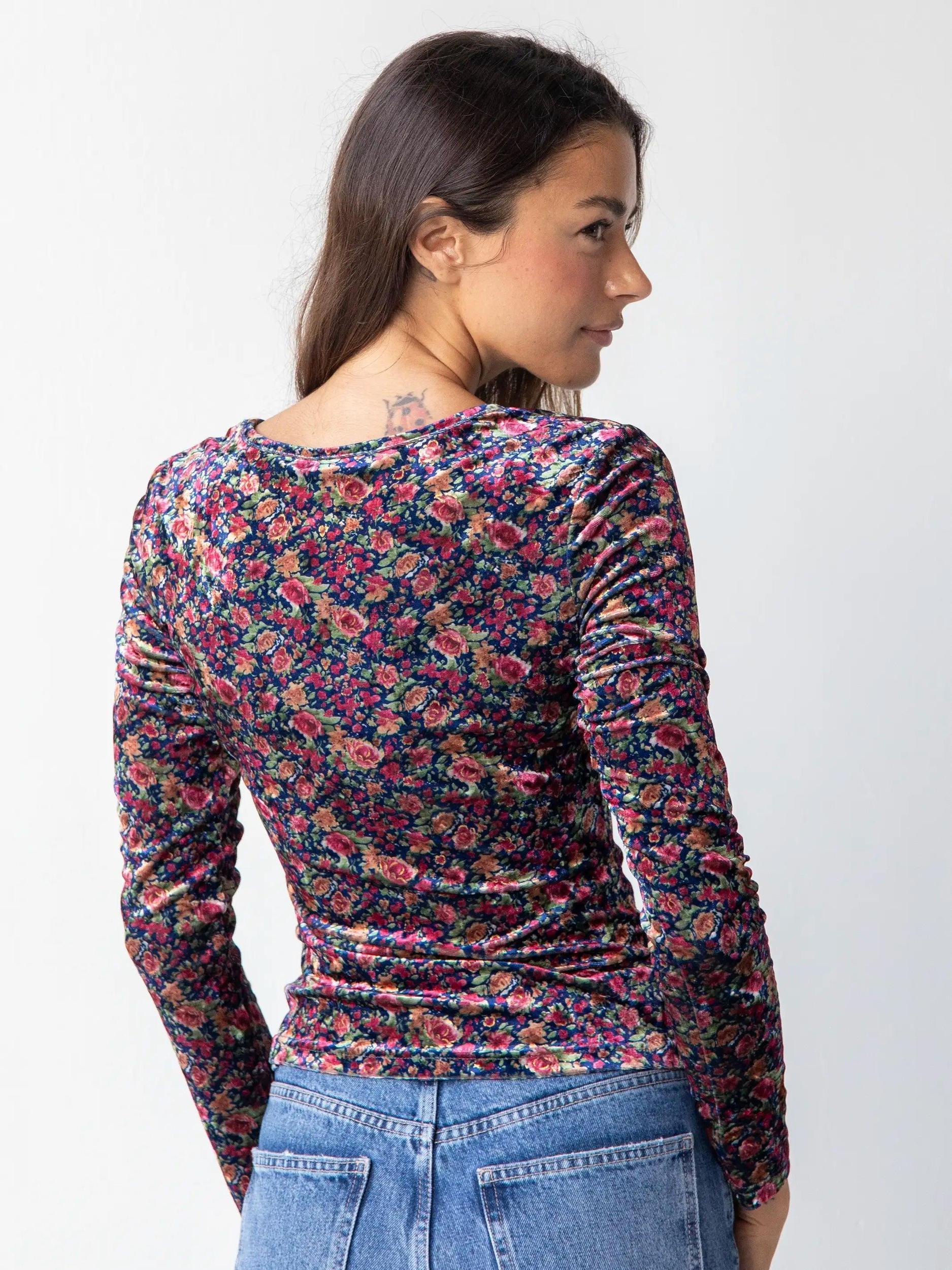 Danielle Square Neck Velvet Top - Navy Pink Roses Product Image
