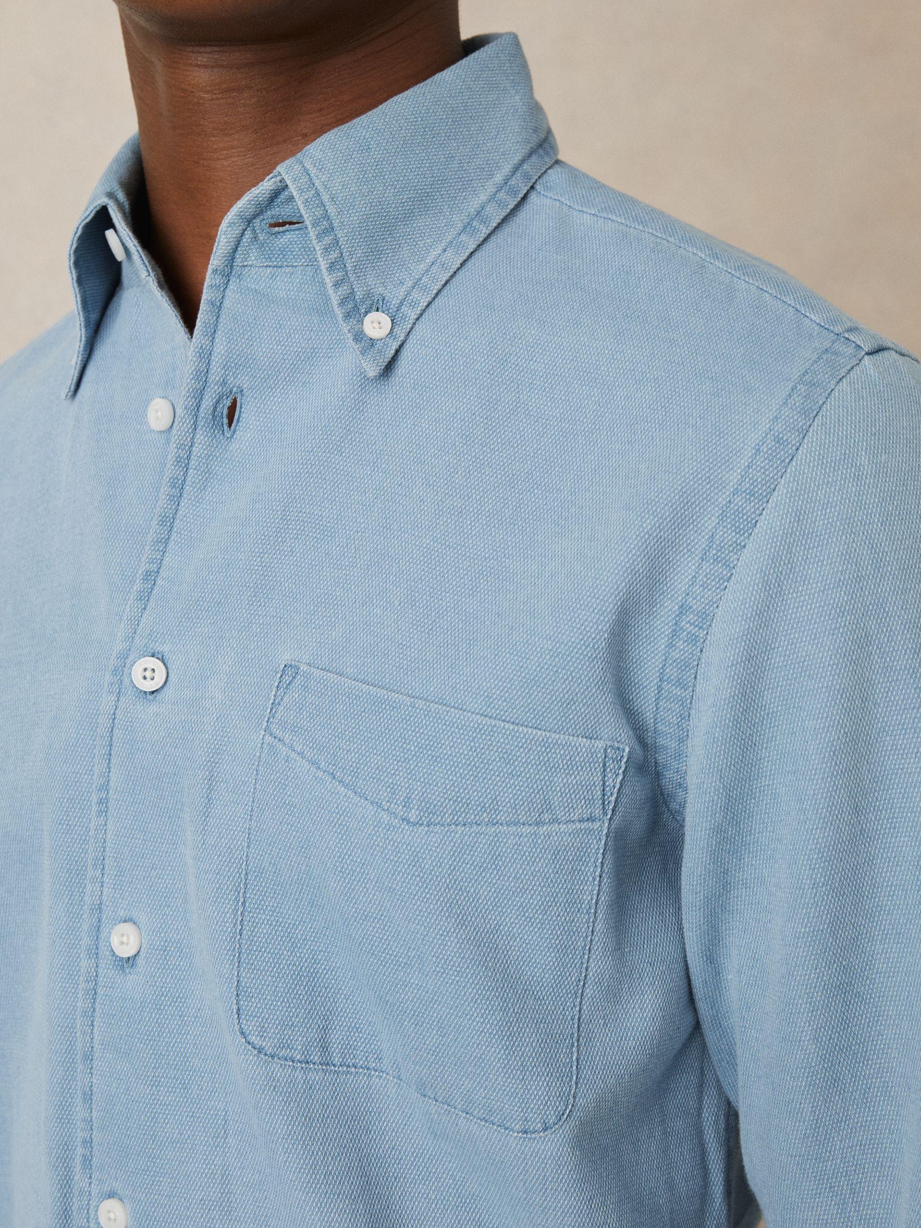Cotton-Piqué Button-Down Chambray Shirt in Washed Blue Product Image