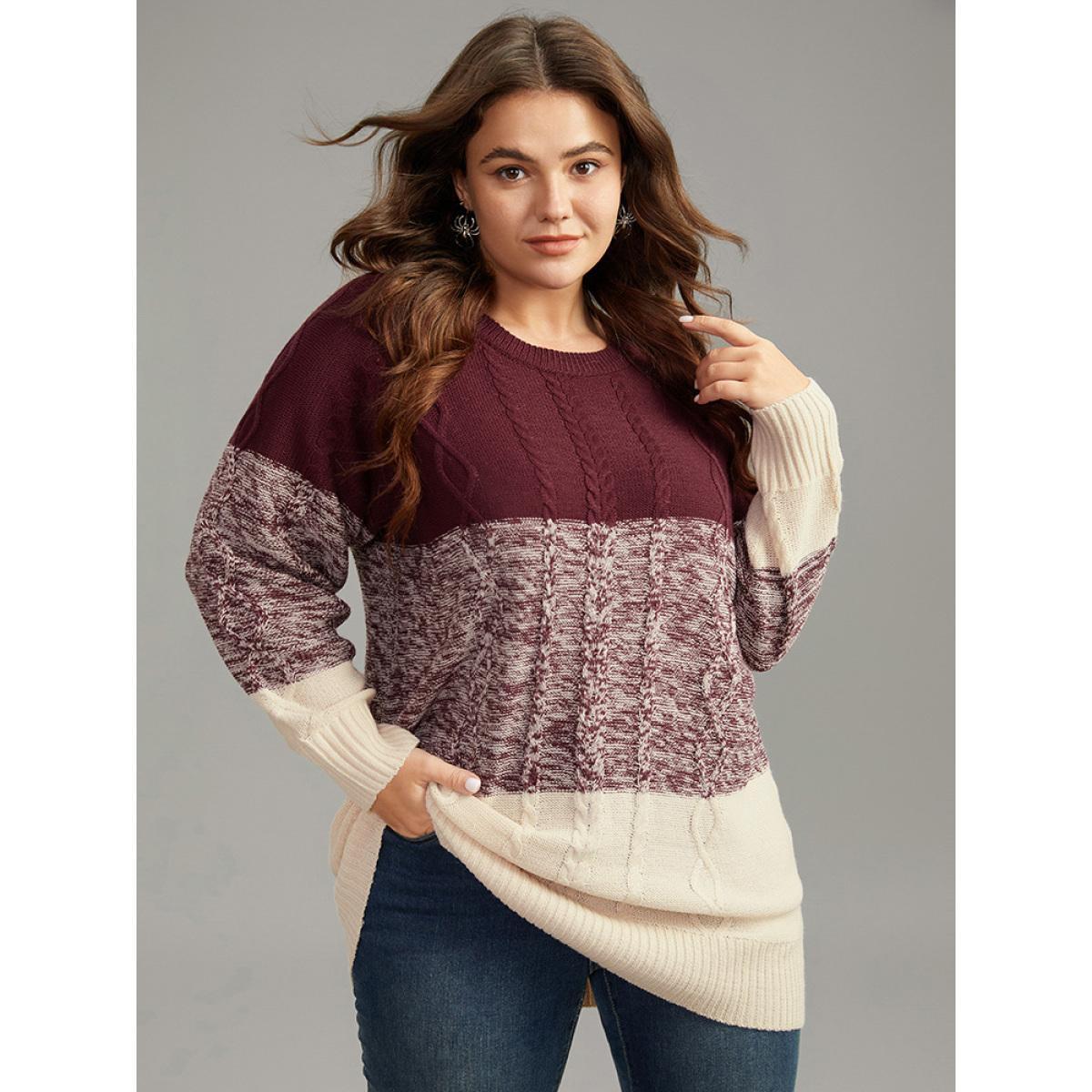 Plus Size Cable Knit Heather Colorblock Patchwork Pullover Burgundy Women Casual Loose Long Sleeve Round Neck Dailywear Pullovers BloomChic 28/5X Product Image