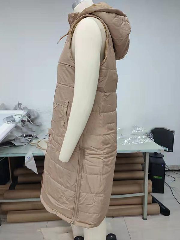 Hooded Sleeveless Buttoned Drawstring Keep Warm Solid Color Split-Joint Zipper Padded Coat Vest Outerwear Product Image