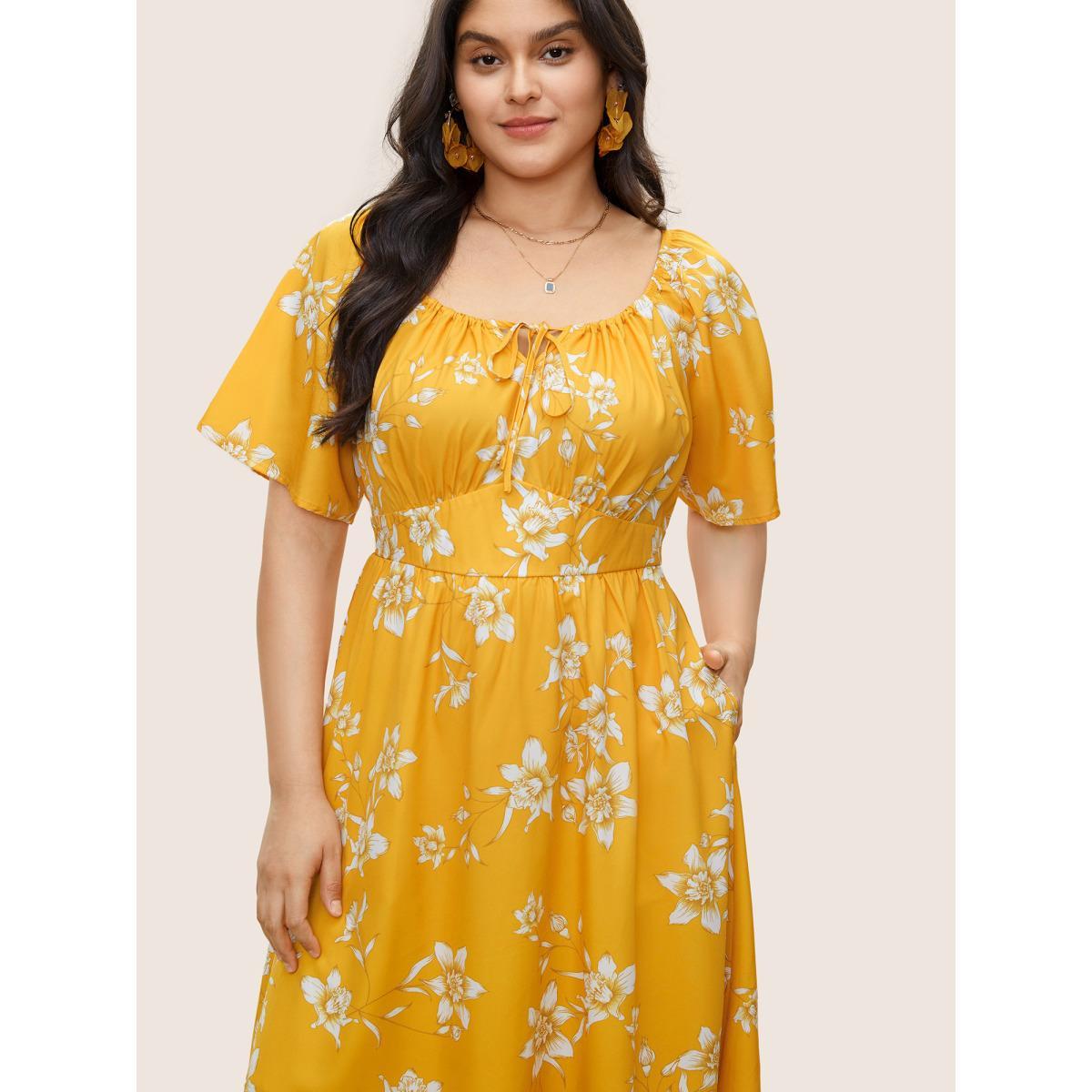 Plus Size Floral Print Knot Neck Patchwork Ruffle Sleeve Dress Yellow Women Elegant Non V-neck Short sleeve Curvy Midi Dress BloomChic 26/4X Product Image