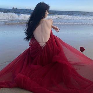 Halter-Neck Plain Open Back Midi Sundress Product Image