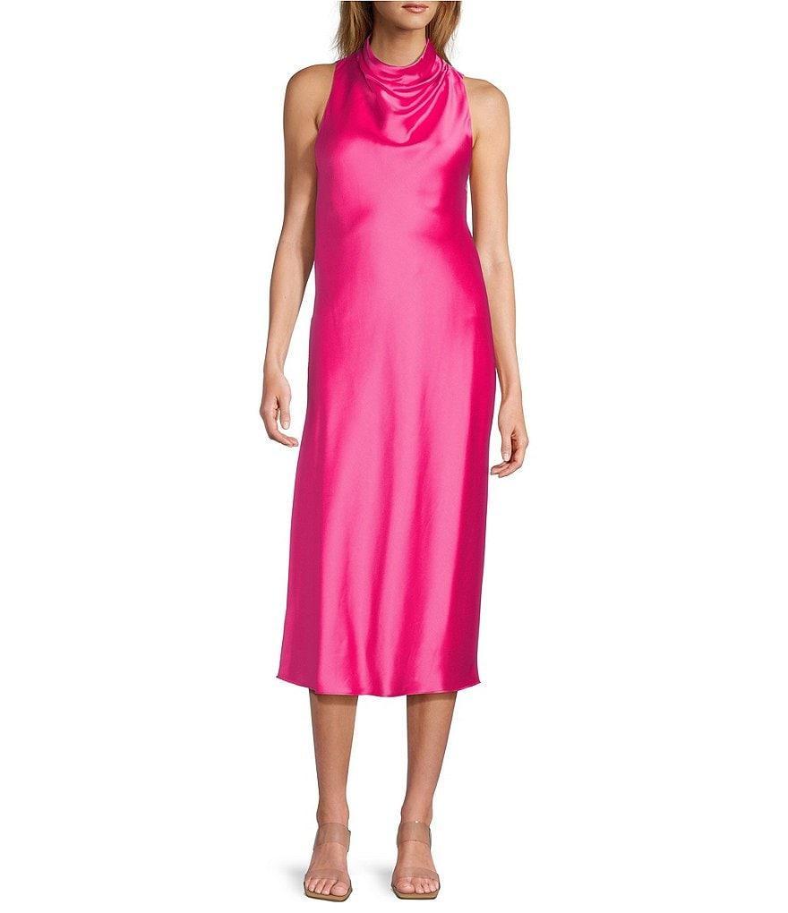 Antonio Melani Marine Satin Halter Cowl Neck Sleeveless Midi Slip Dress Product Image