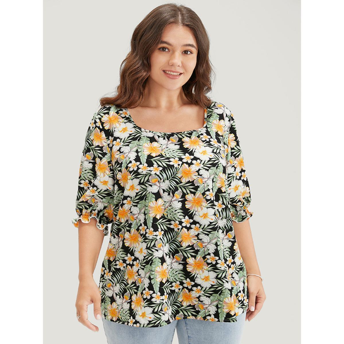 Plus Size BlackFlower Tropical Print Puff Sleeve Ruffles Trim Square Neck Blouse Women Vacation Elbow-length sleeve Square Neck Dailywear Blouses BloomChic 14-16/1X Product Image