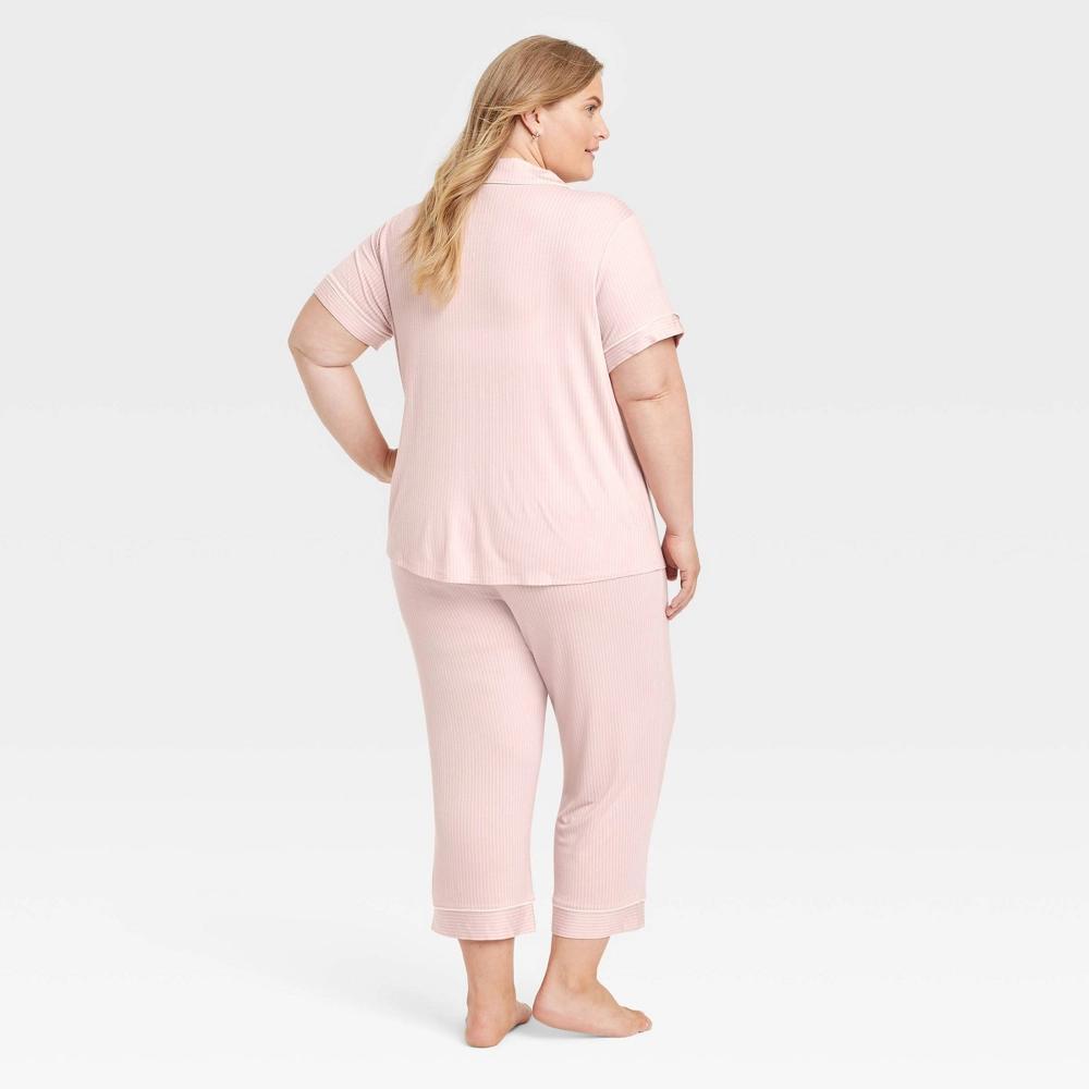 Women's Cloud Knit Short Sleeve Notch Collar Top and Cropped Pants Pajama Set - Auden™ /Striped 3X: Modal Blend, Elastic Waistband Product Image