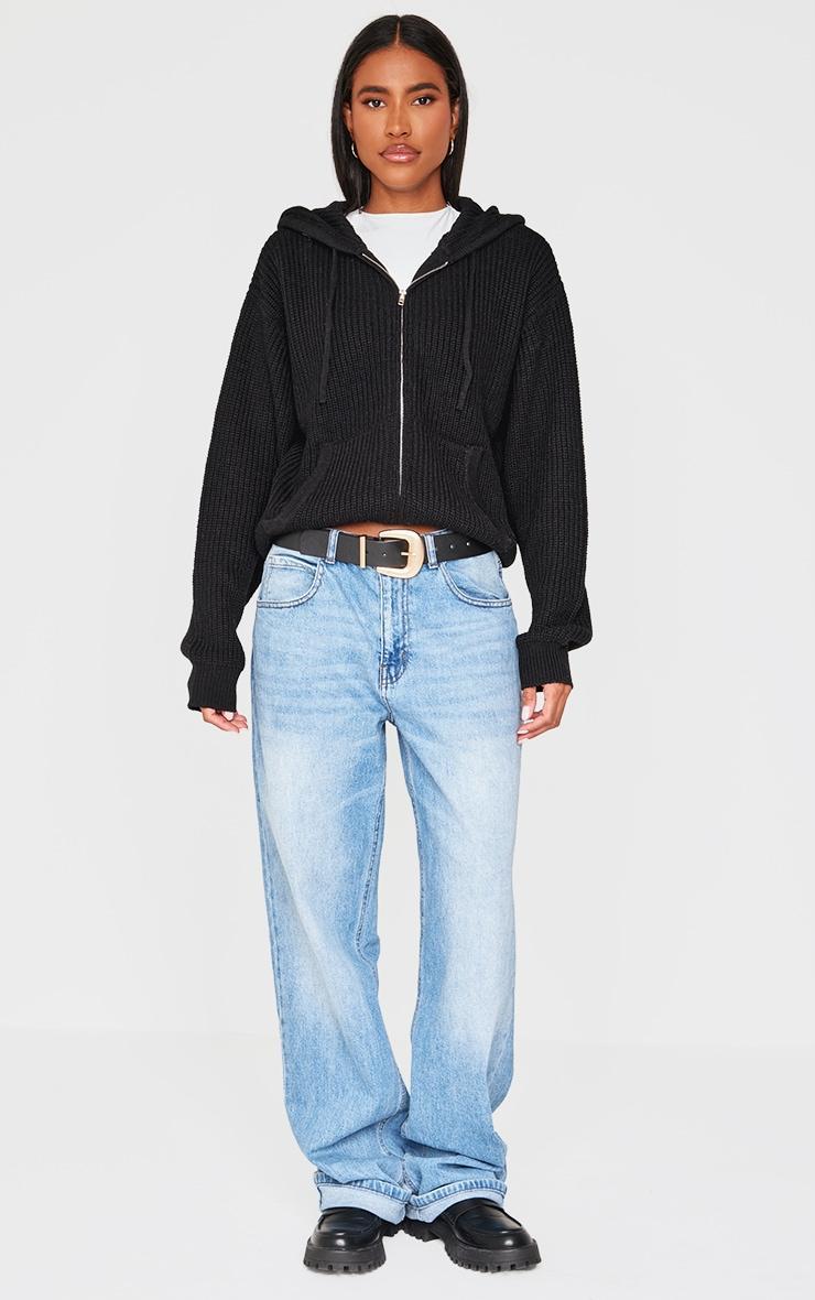 Black Thick Rib Knit Zip Up Hoodie Product Image