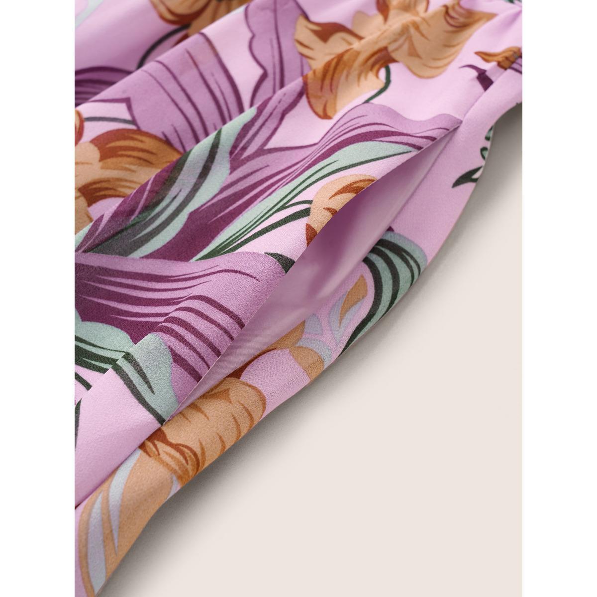Plus Size Chiffon Floral Print Beaded Detail Elastic Cuffs Dress Lilac Women Elegant Non V-neck Long Sleeve Curvy Midi Dress BloomChic 14-16/1X Product Image