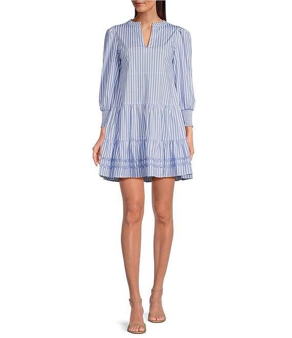 SAIL to SABLE Woven Stripe Split V-Neck Bracelet Sleeve Tiered Dress Product Image