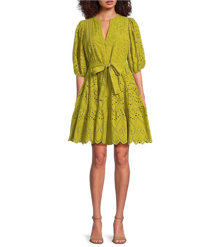 Gibson & Latimer Eyelet Split Round Neck Elbow Puff Sleeve Button Down Belted Scallop Hem Pocketed A-Line Dress Product Image