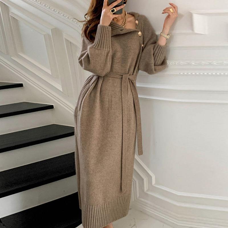 Long Sleeve Turtleneck Plain Button Tie-Waist Midi A-Line Sweater Dress Product Image