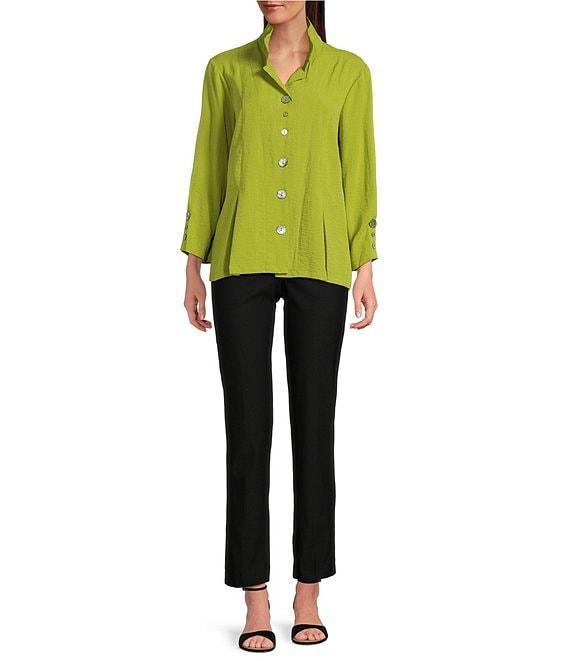 Ali Miles Woven Solid Wire Collar 3/4 Sleeve Pleated Hem Button Front Tunic Product Image