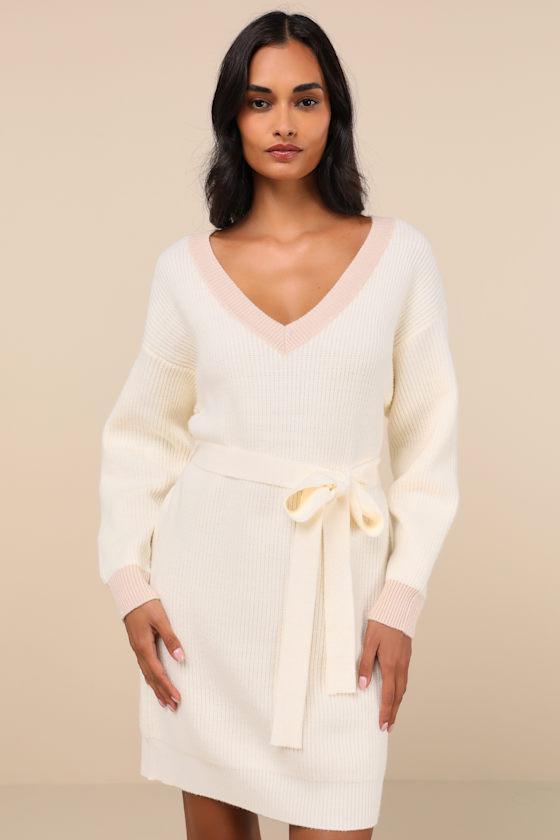 Cuddly Forecast Ivory Long Sleeve Belted Sweater Mini Dress Product Image