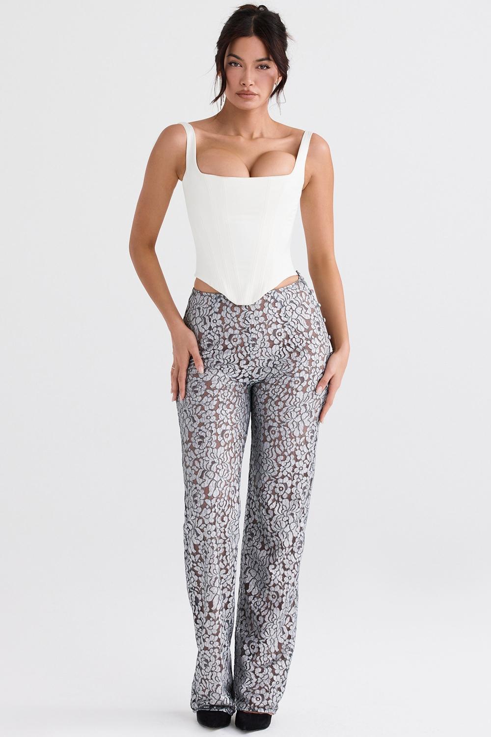 Mara Silver Metallic Lace Trousers Product Image