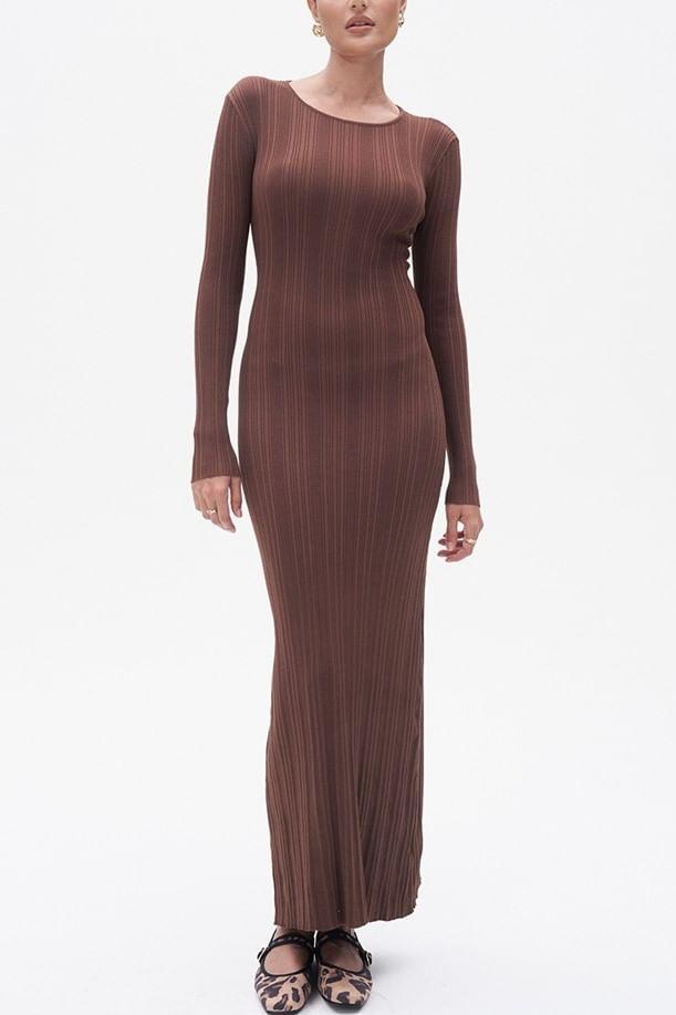 Long Sleeve Round Neck Plain Ribbed Knit Bodycon Maxi Dress Product Image