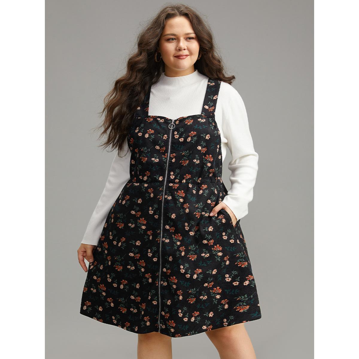 Plus Size Ditsy Floral Corduroy Pocket Zipper Fly Cami Dress Black Women Casual Printed Square Neck Sleeveless Curvy Knee Dress BloomChic 10/M Product Image