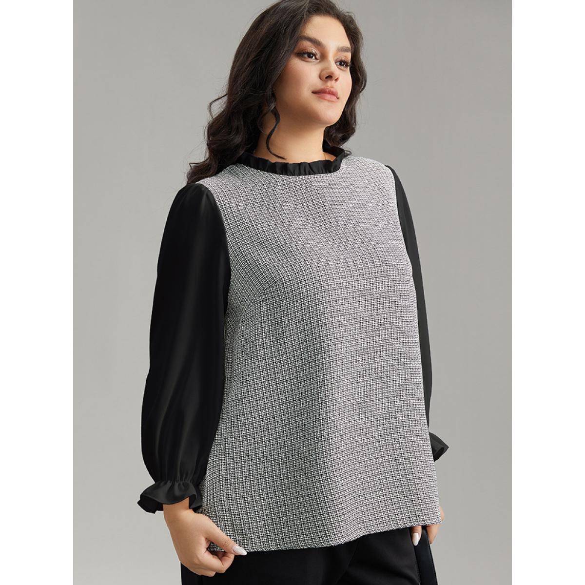 Plus Size Black Gingham Ruffles Patchwork Frill Trim Blouse Women Office Long Sleeve Stand-up collar Work Blouses BloomChic 10/M Product Image