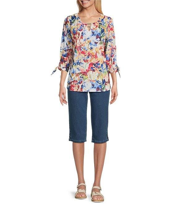 Allison Daley Petite Flower Swirl 3/4 Sleeve Keyhole Neck Knit Top Product Image