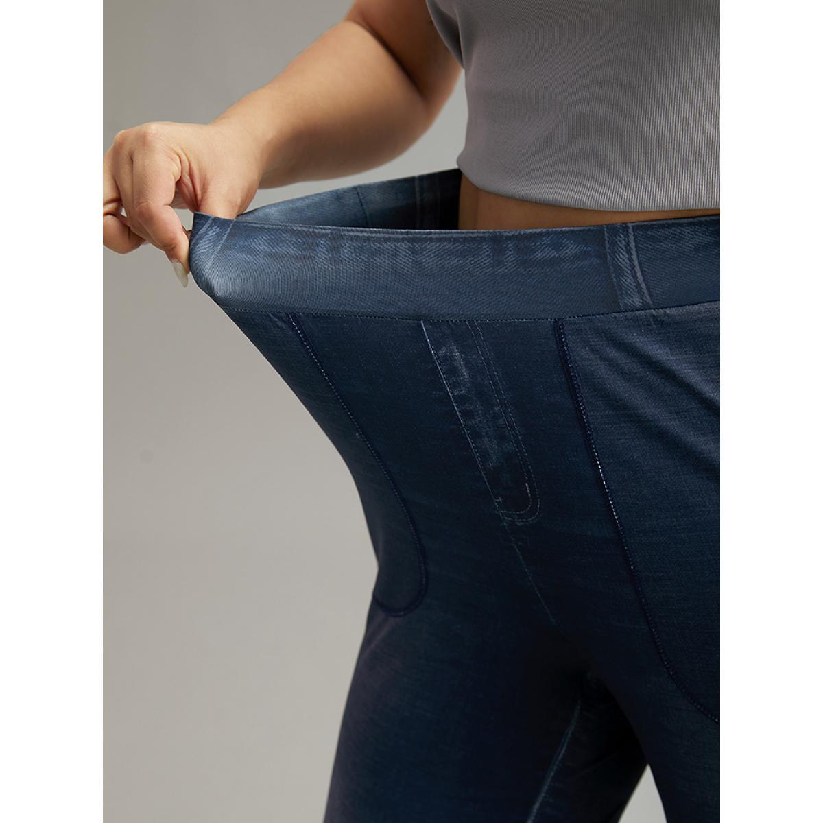 Plus Size Denim Effect Print Elastic Waist Flare Leg Leggings Women Stone Casual High stretch Flare Leg High Rise Everyday Leggings BloomChic 30/6X Product Image