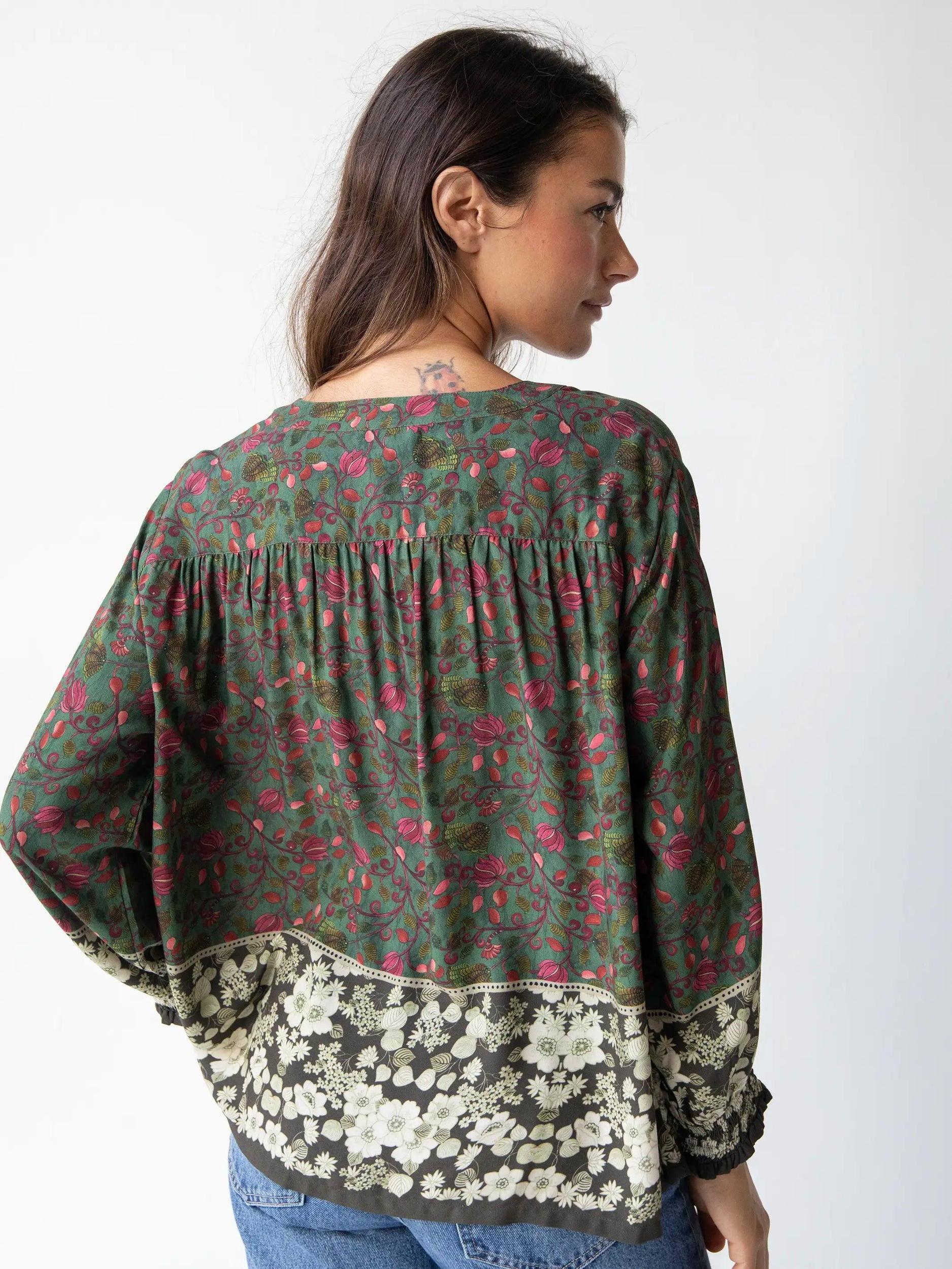 Dara Top - Green White Floral Border Product Image