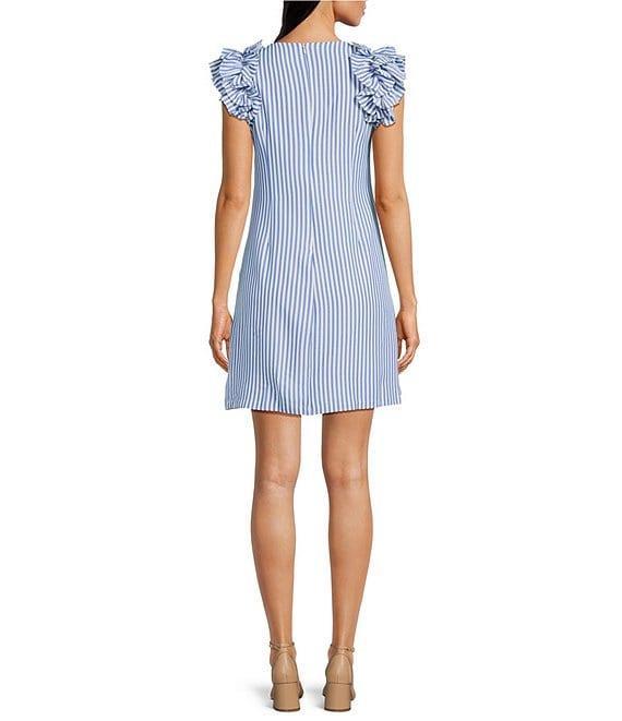 Jessica Howard Stripe Seersucker Crew Neck Ruffle Sleeveless Shift Dress Product Image