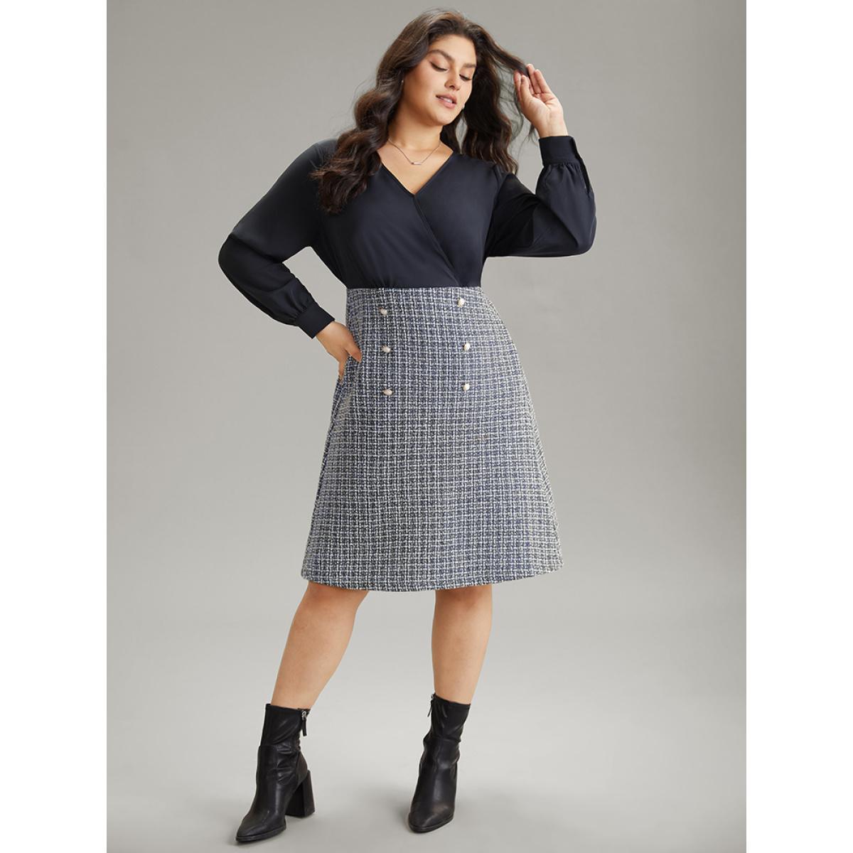 Plus Size Gingham Coarse Tweed Pocket Overlap Collar Dress DarkBlue Women Elegant Texture Overlap Collar Long Sleeve Curvy Midi Dress BloomChic 26/4X Product Image