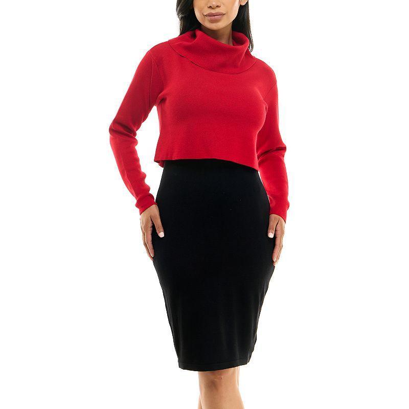 Women's Nina Leonard Colorblock Cowl Neck Sweater Dress, Size: Medium, Black Red Product Image