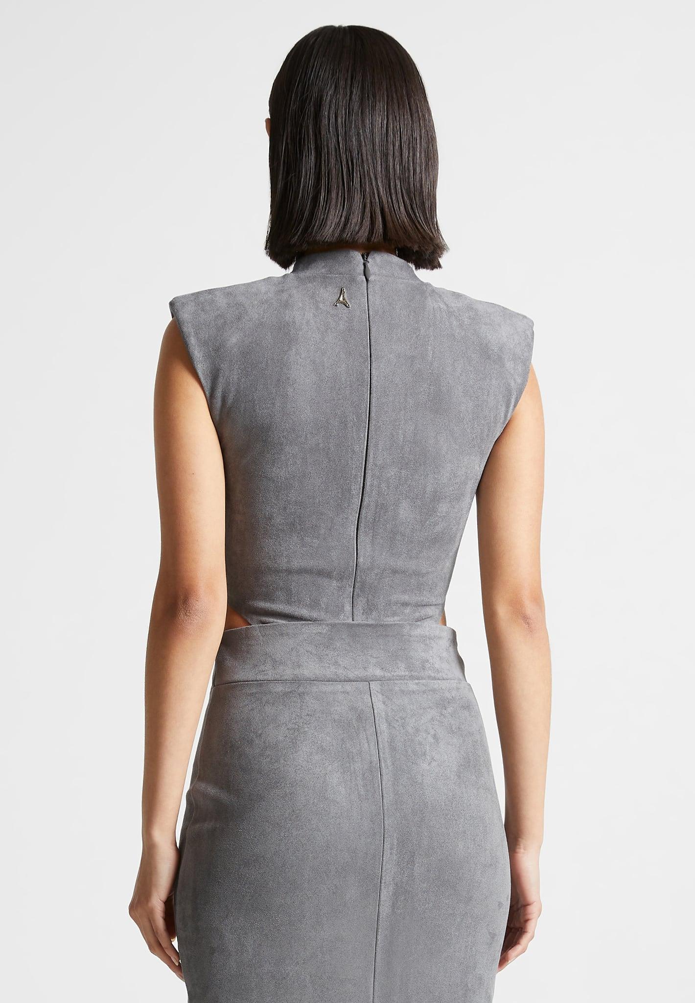 Suede Wide Shoulder High Leg Bodysuit - Light Grey Female Product Image