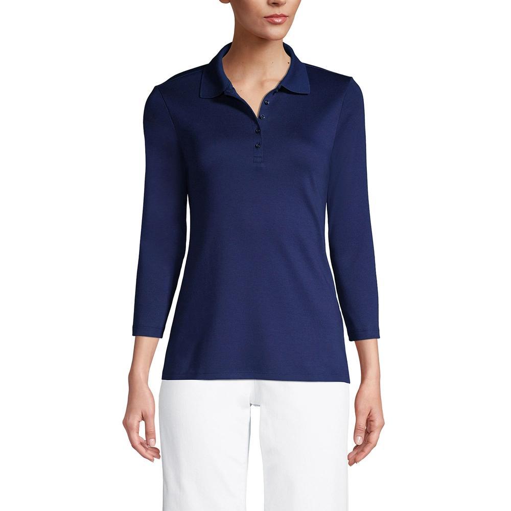 Petite Lands End Supima Cotton 3/4 Sleeve Polo Shirt, Womens Deep Blue Product Image