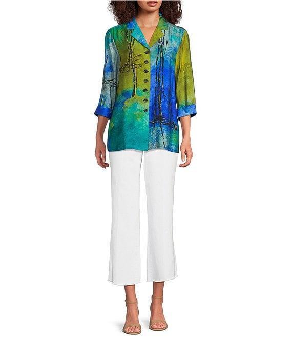 Ali Miles Petite Size Woven Color Block Print Point Collar 3/4 Sleeve Button Front Tunic Product Image