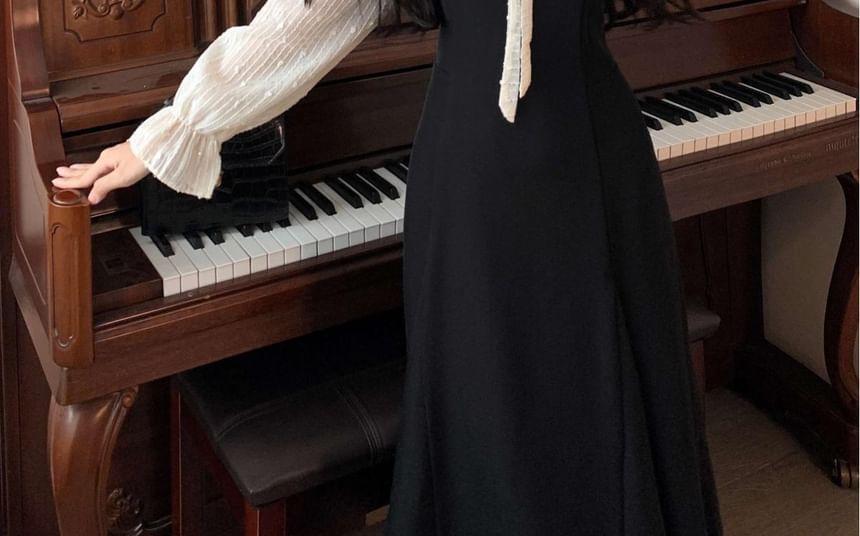 Long Sleeve Round Neck Mock Two Piece Tie Front Midi A-Line Dress Product Image