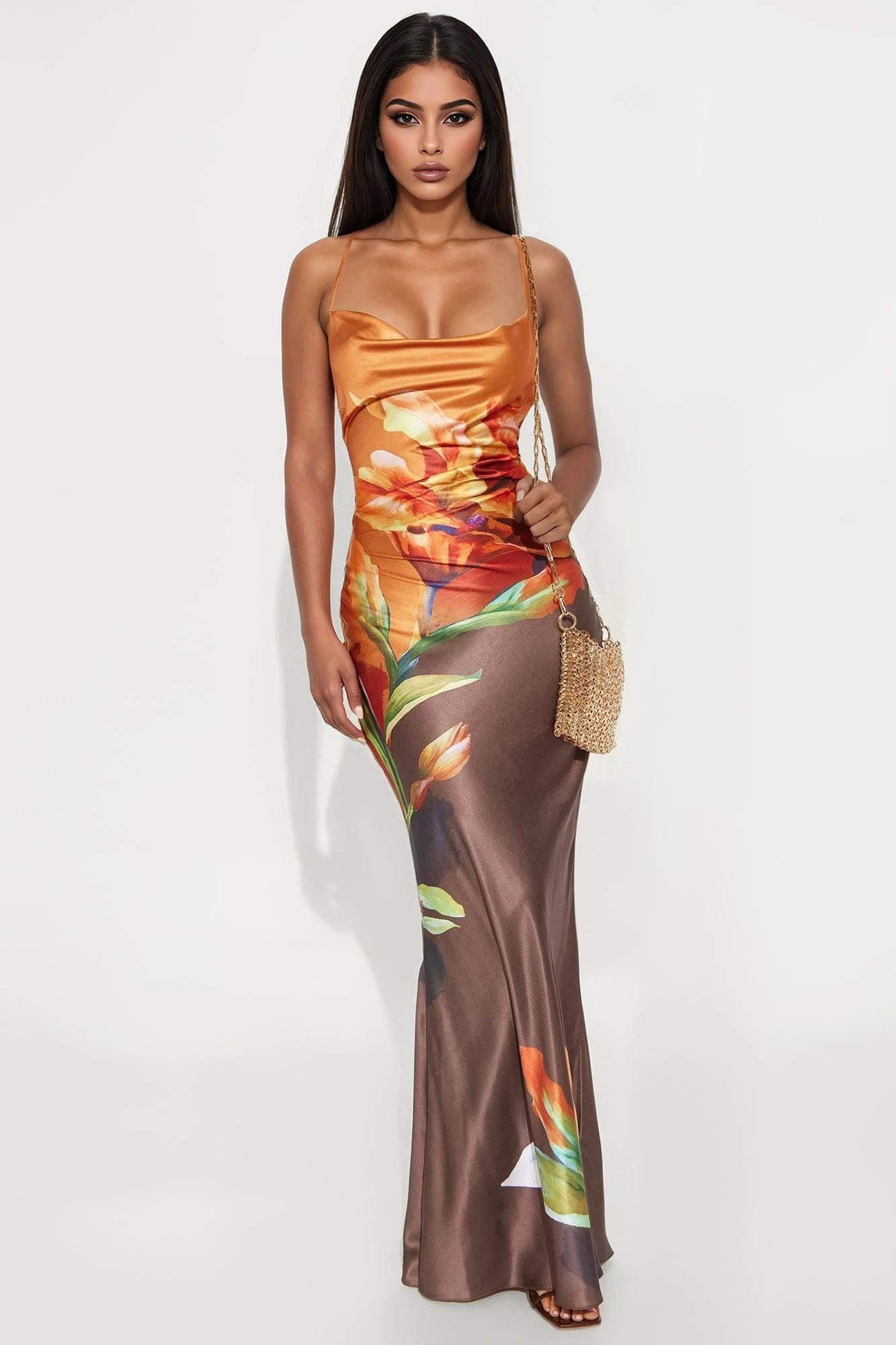 Jayla Backless Satin Maxi Dress - Mocha/combo Product Image