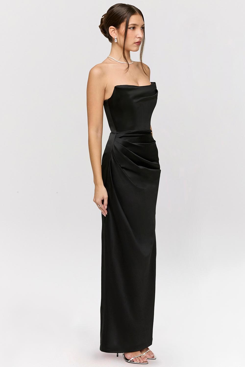 Adrienne Black Satin Strapless Corset Maxi Product Image