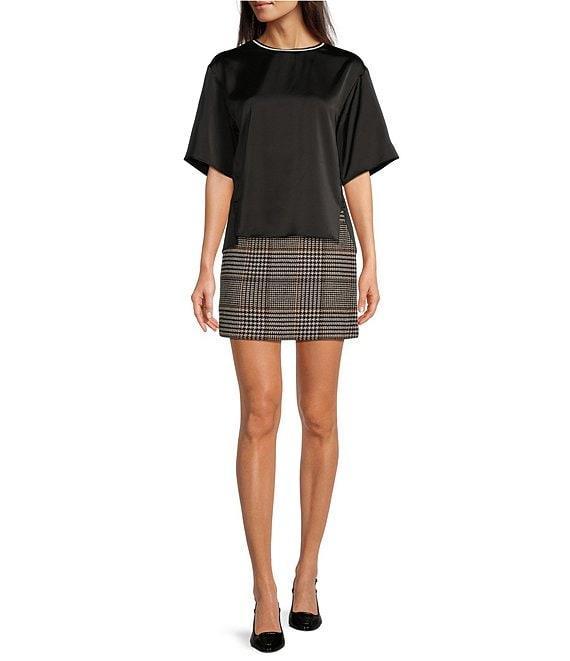 Le' AL.X Woven Satin Contrast Trim Crew Neck Dropped Short Sleeve Side Split Hem Hi-Low Blouse Product Image