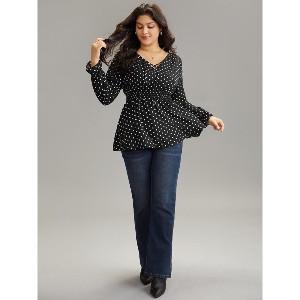 Plus Size Black Polka Dot Lace Up Shirred Flutters Blouse Women Office Long Sleeve V-neck Work Blouses BloomChic 26/4X Product Image