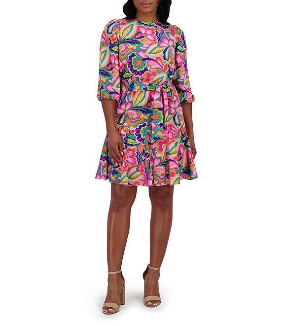 Jessica Howard Crew Neck 3/4 Sleeve Tie Sash Fit and Flare Godet Dress Product Image