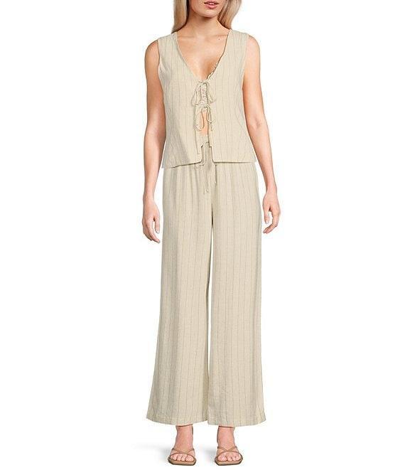 Blu Pepper Woven Striped V-Neck Tie Front Coordinating Vest Top Product Image