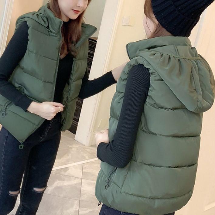 Stand Collar Plain Hooded Padded Zip Vest Product Image