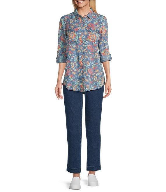 Intro Lyocell Floral Paisley Print Collared Long Roll-Tab Sleeve Snap Front Shirt Product Image