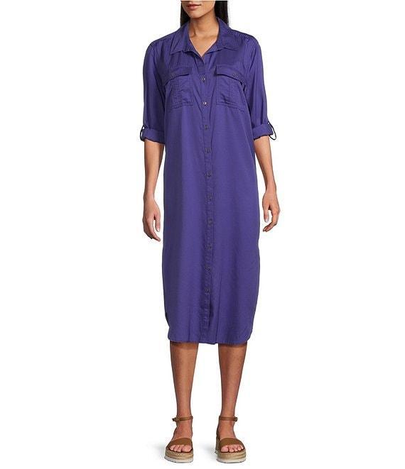 Westbound Petite Size 3/4 Roll-Tab Sleeve Button-Front Midi Shirt Dress Product Image