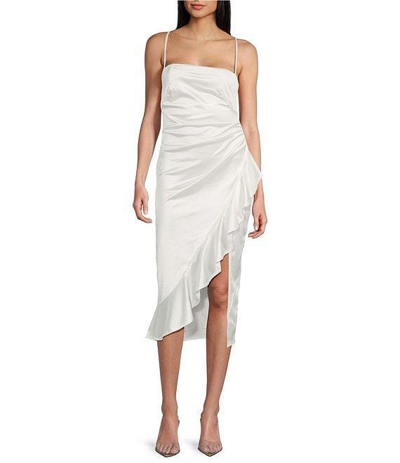 Honey and Rosie Satin Spaghetti Straps Pleated Ruffle Detail Midi Dress Product Image
