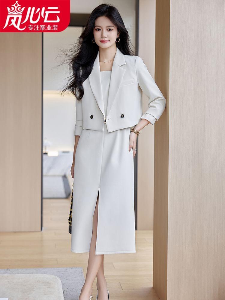 Lapel Collar Plain Double-Breasted Crop Blazer / Sleeveless Square Neck Slit Midi A-Line Dress / Set Product Image