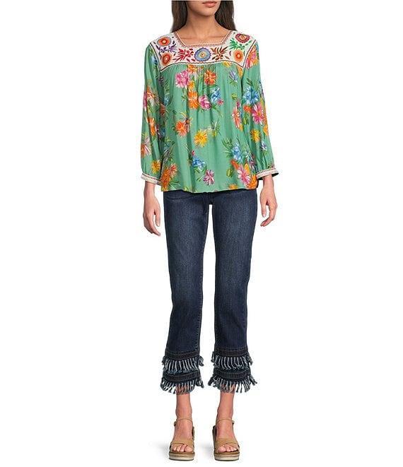 John Mark Embroidered Floral Print Square Neck 3/4 Sleeve Peasant Top Product Image
