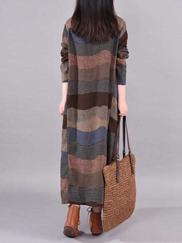 Artistic Retro Loose Ramie Cotton Striped Multi-Colored Round-Neck Long Sleeves Midi Dress Product Image