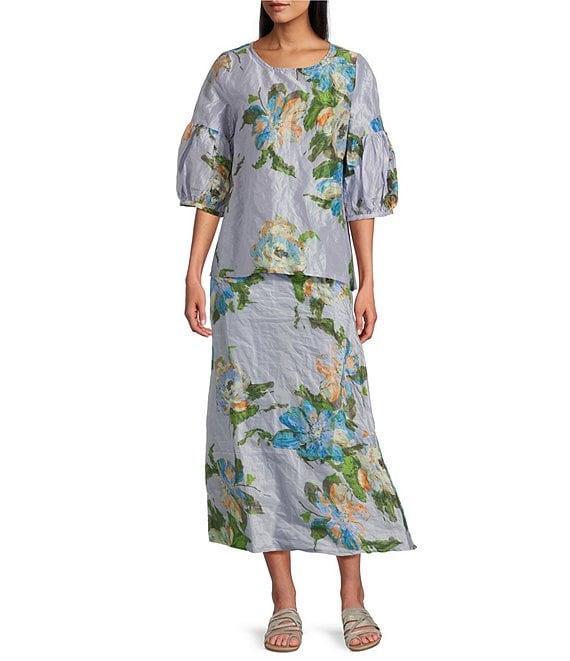 Bryn Walker Memory Crunch Taffeta Printed Round Neck 3/4 Sleeve Lantern Shirt Product Image
