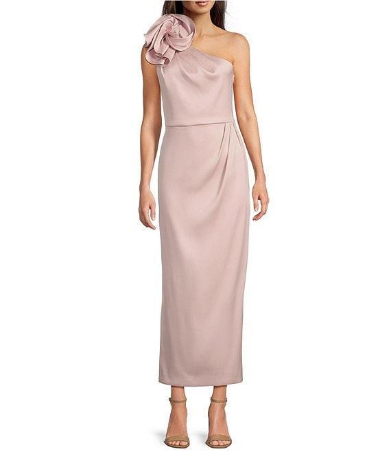 Muse by Marchesa Rhoda Luxe Satin One Shoulder Neck Sleeveless Rosette Pencil Midi Dress Product Image