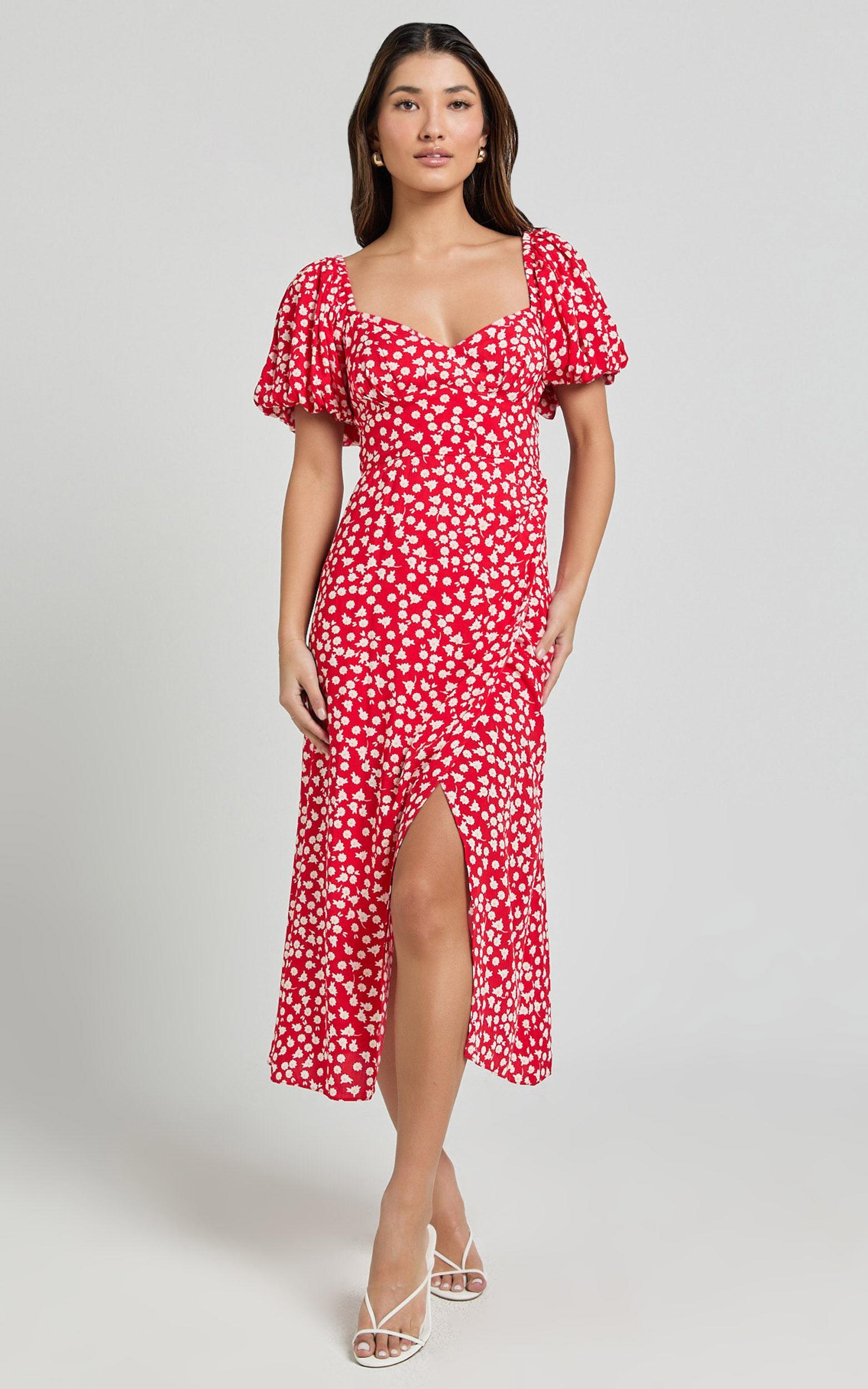 Carlyn Midi Dress - Sweetheart Puff Sleeve Wrap Dress in Red Floral Product Image